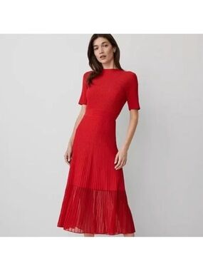 Ann Taylor Red Pleated Midi Dress